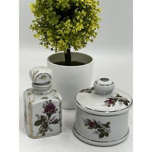 Vintage Floral Roses 2 Piece Dresser / Vanity Set Perfume Trinket Box